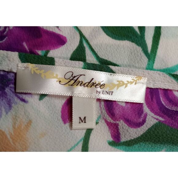 Andree Shirt Ladies Medium Ivory Purple Floral Short Sleeve Semi Sheer - Picture 5 of 7